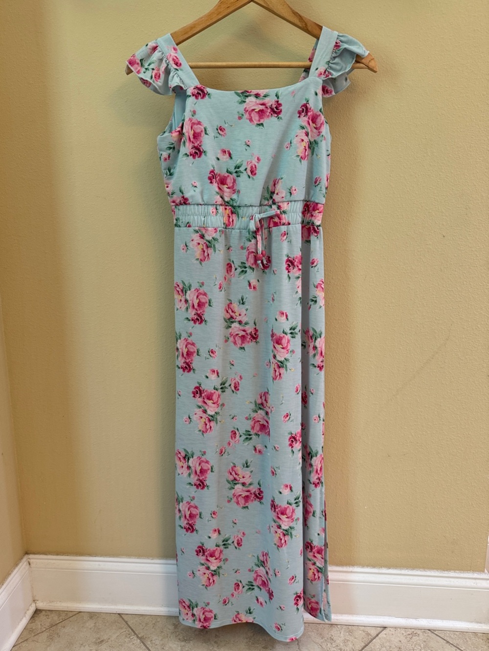 Three Pink Hearts Light Blue Maxi Dress with Pink Rose Print